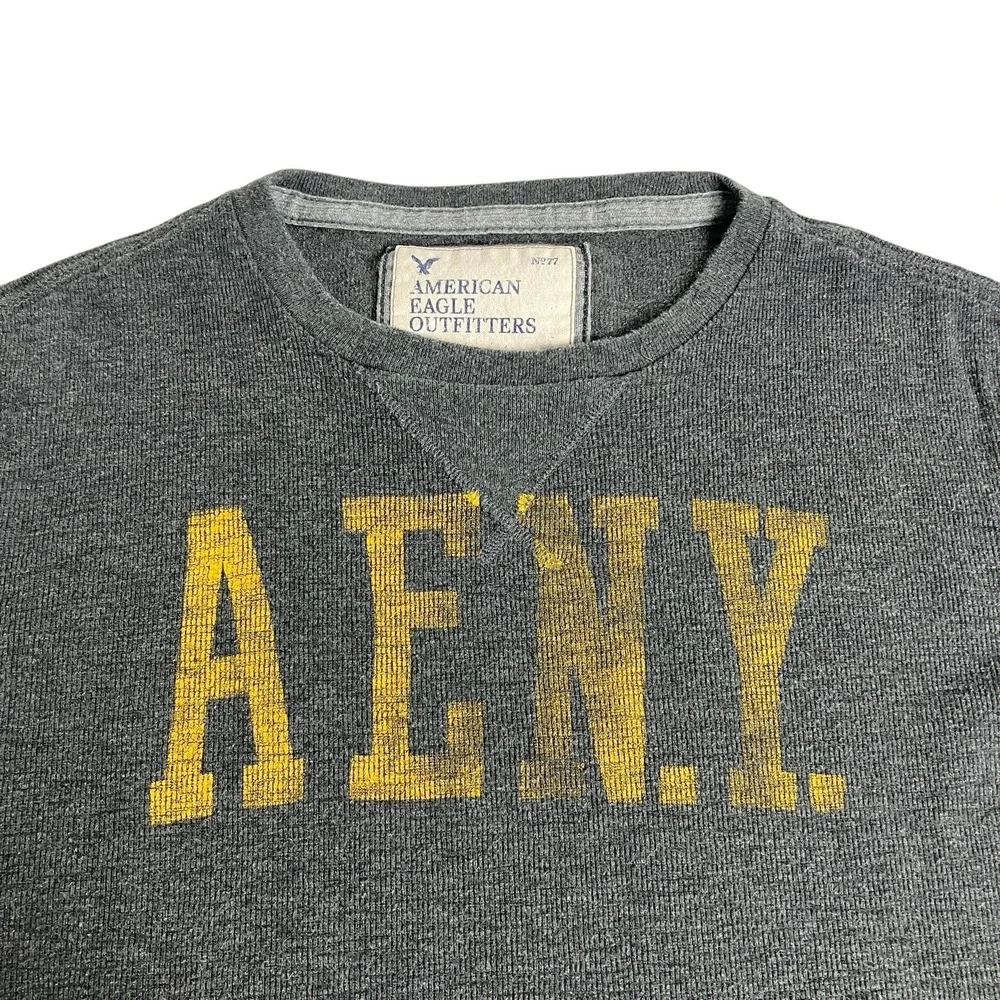 Y2K American Eagle NY Thermal Sweater Mens XXL 2XL‎ Gray Ribbed Grunge Preppy